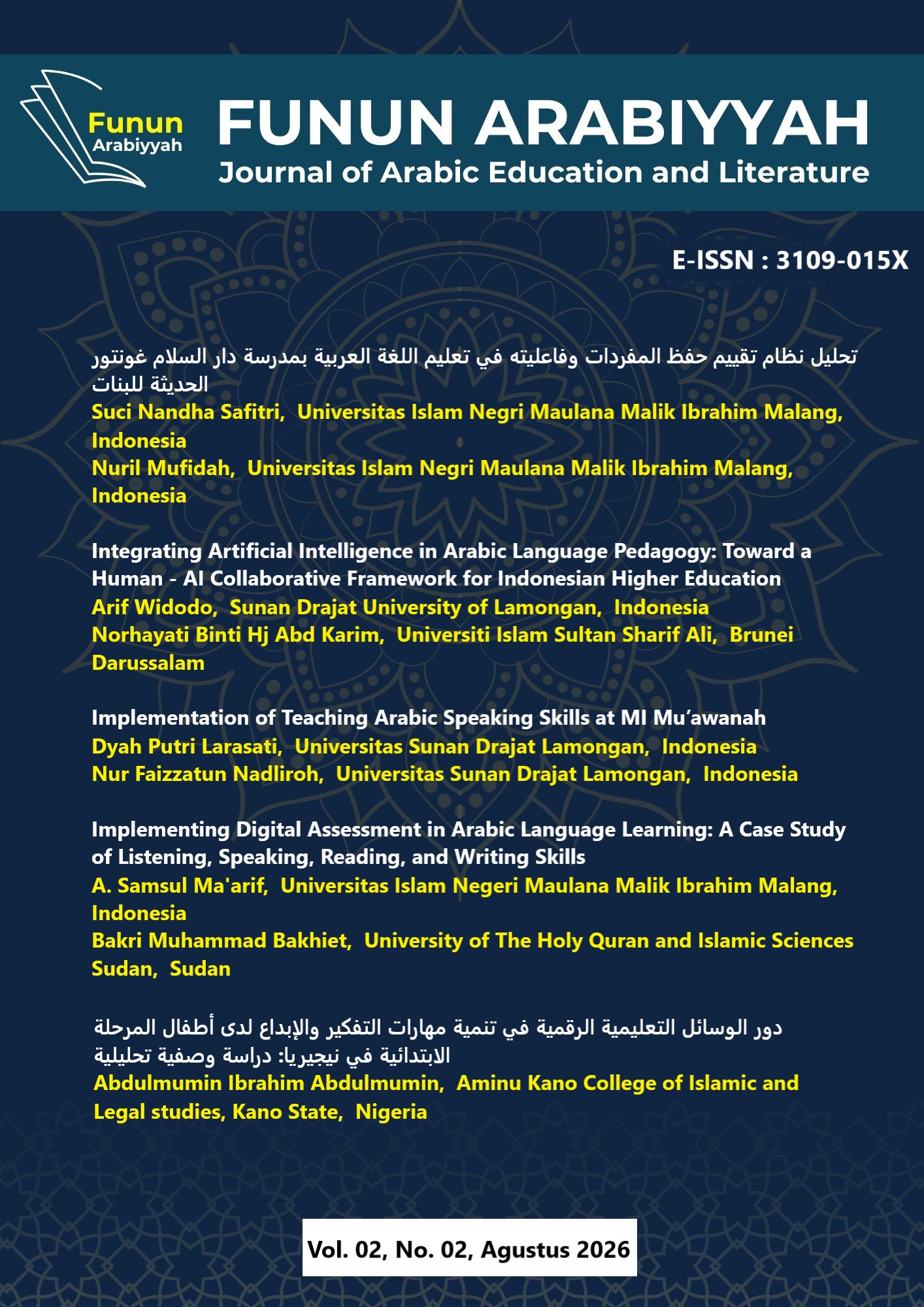 					View Vol. 2 No. 2 (2026): Funun Arabiyyah: Journal of Arabic Education and Literature
				